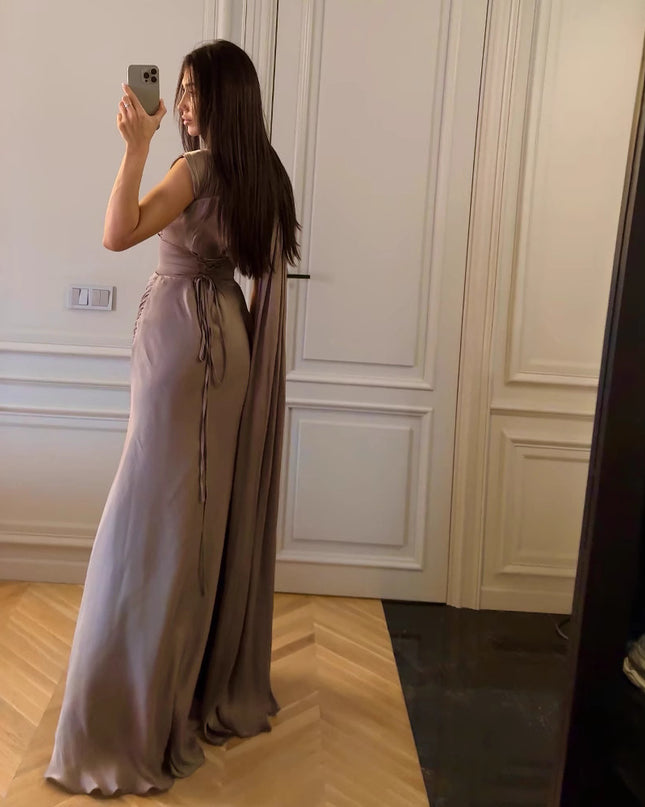 Pleated Ribbon Satin Evening Dress