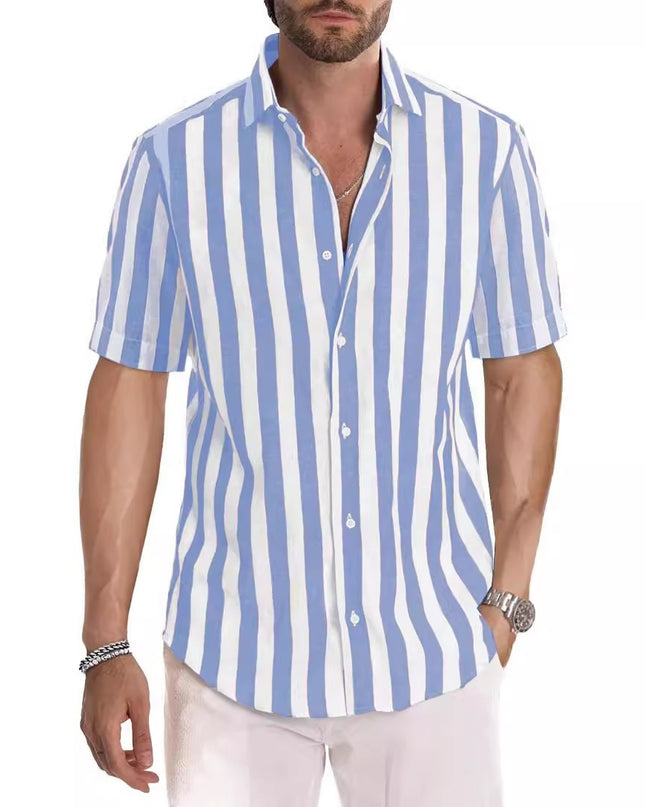 Summer European And American Men's Beach Casual Sports Yarn-dyed Striped Short-sleeved Lapel Shirt