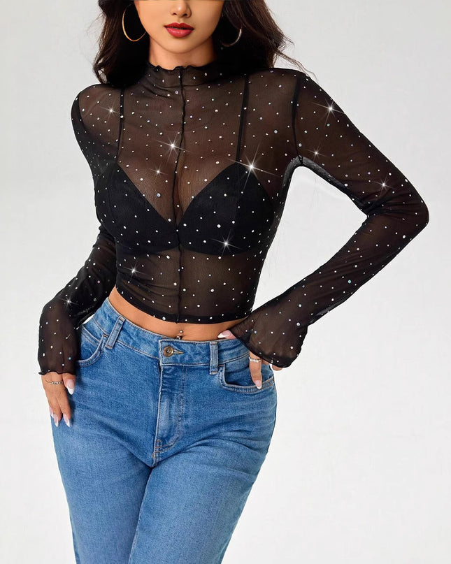 Stand-up Collar Long-sleeved Mesh Transparent Sequined Decorative T-shirt Top