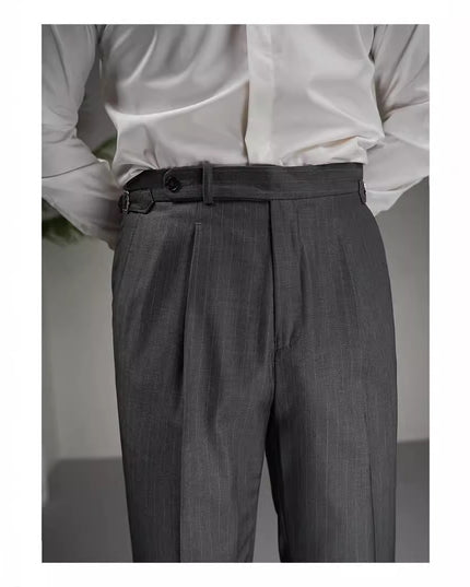 Autumn Wool Blended Single Pleated Striped Suit Pants