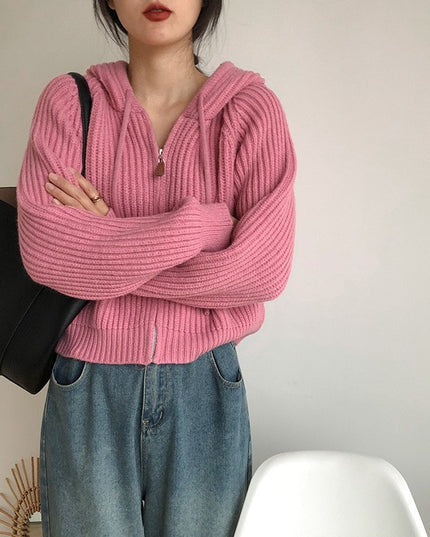 Korean Simple Short Hood Cardigan Wool Sunken Stripe