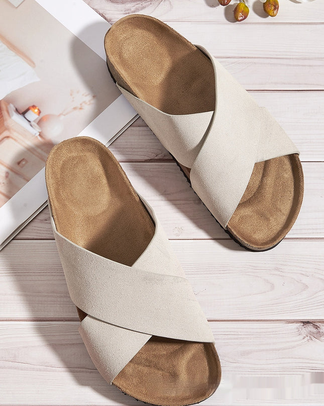 European And American Plus Size Khaki Round Toe Cross Roman Style Slip-on Flat Sandals