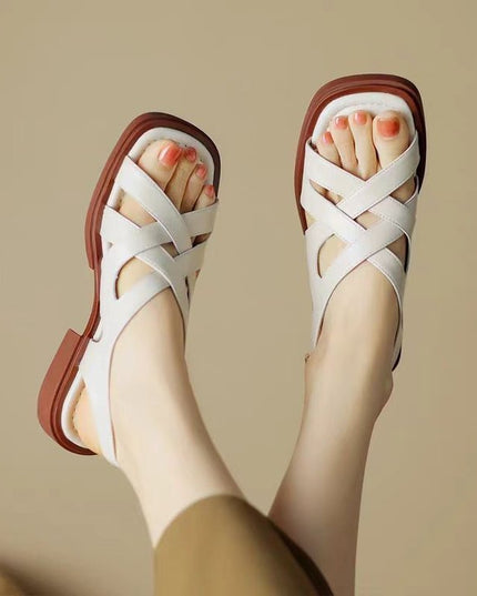 Women's Patent Leather Low Heel Square Toe Beach Sandals