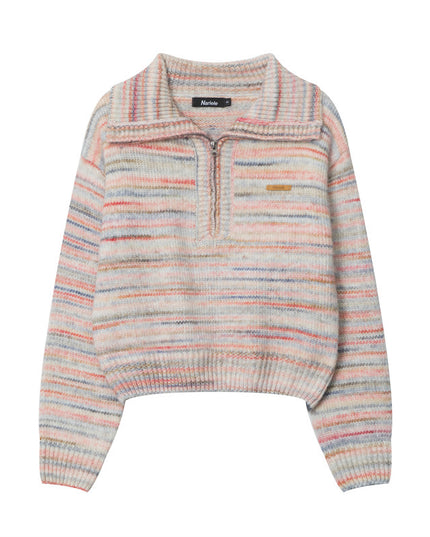 Lapel Short Sweet Half Zip Sweater For Women Striped Minimalist