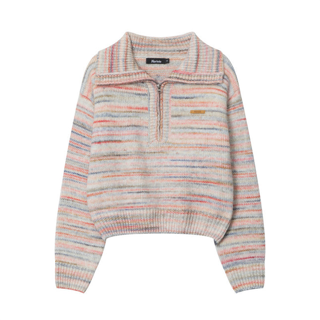 Lapel Short Sweet Half Zip Sweater For Women Striped Minimalist