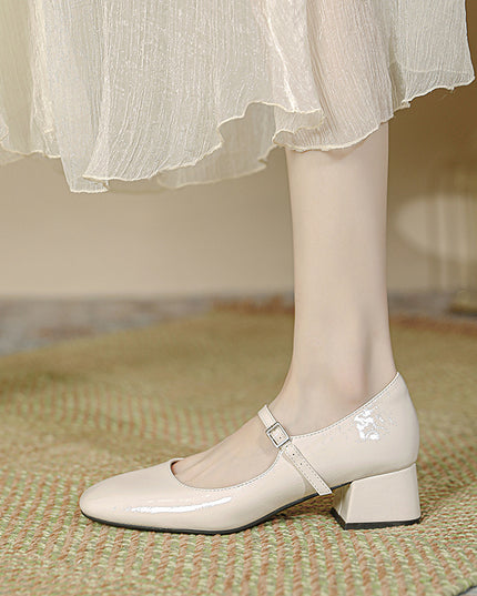 Square Toe Patent Leather Buckle With Pearl Mary Jane Shoes Women