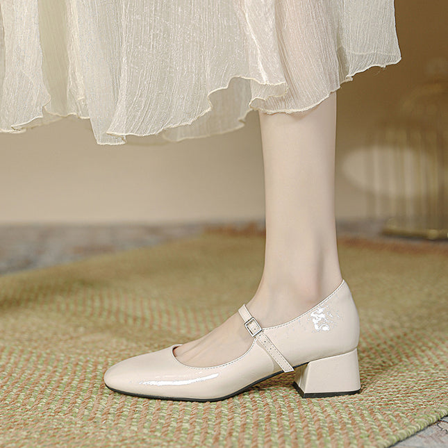 Square Toe Patent Leather Buckle With Pearl Mary Jane Shoes Women