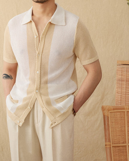 Hollow Cotton And Linen Lapel Short-sleeved Cardigan Knitted Top