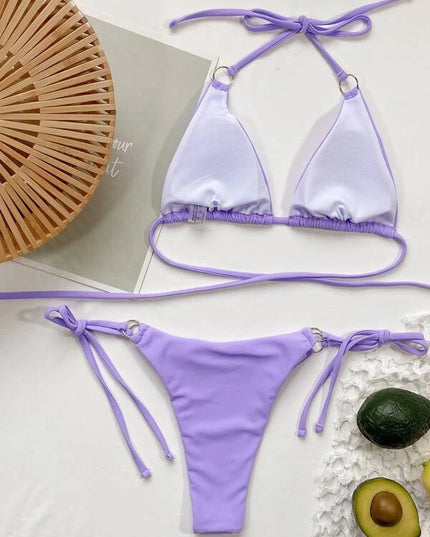 Women's Solid Color Bandage Split Swimsuit Bikini