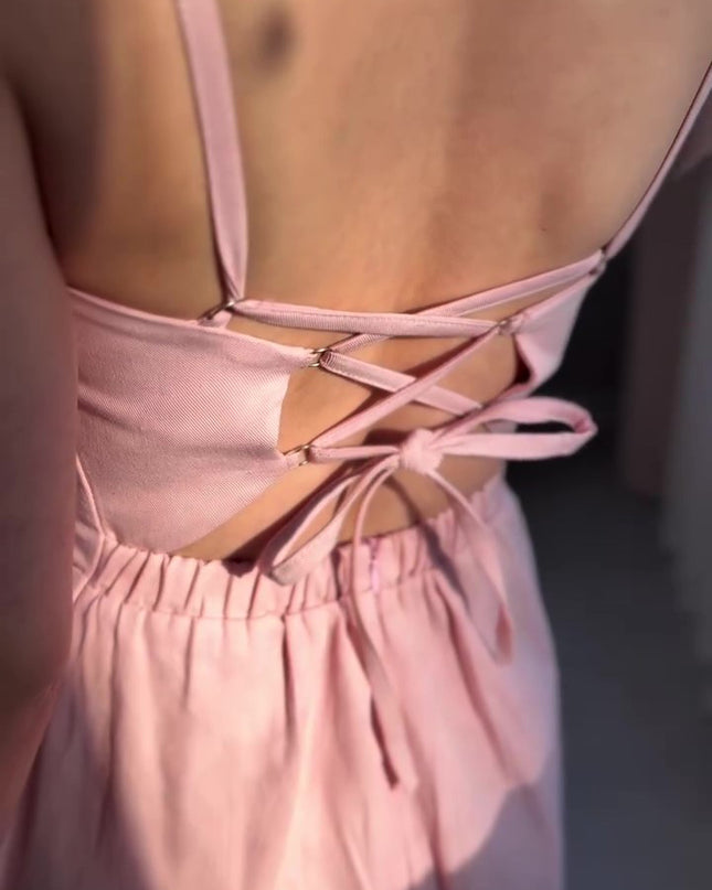Solid Color Three-dimensional Floral Lace-up Jumpsuit