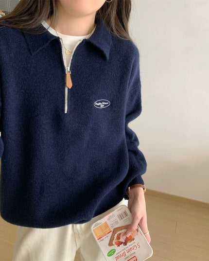 Korean Style Simple Polo Collar Zipper Inner Knitted Sweater