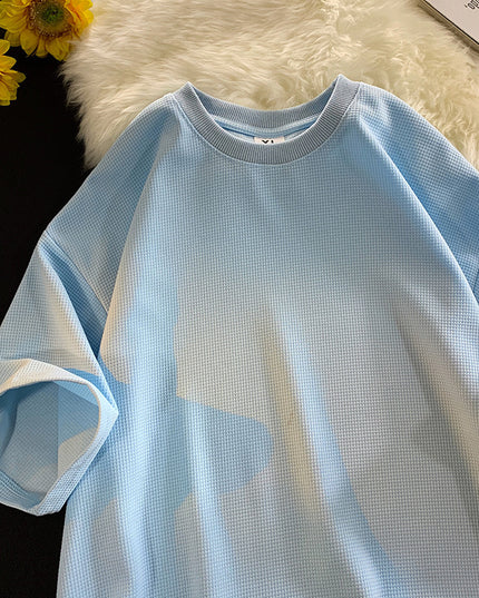 Men's Casual Solid Color Waffle Short Sleeved Shirt