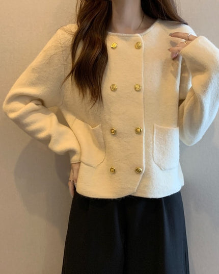 Solid Color Double Breasted Round Neck Knitted Cardigan