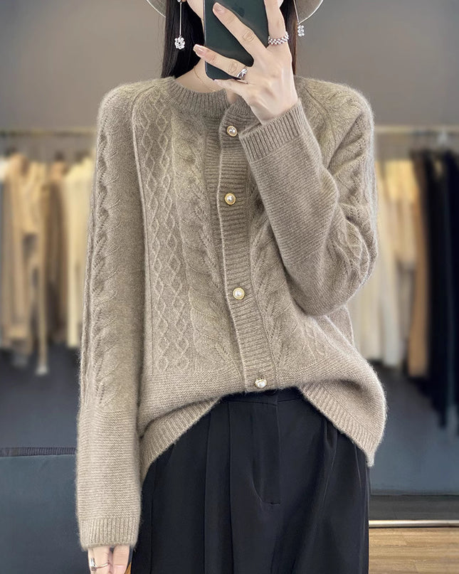 Round Neck Pure Wool Knit Cardigan Women's Long Sleeve Casual Simple