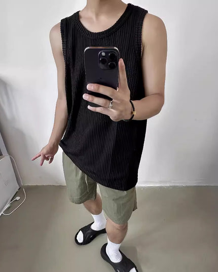 Casual Loose Sunken Stripe Sleeveless T-shirt Solid Color Top