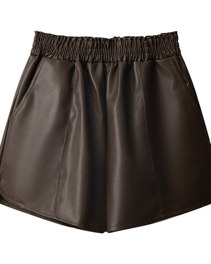 PU Leather Elastic Waist Autumn And Winter A- Line Small High Waist Slimming Outside Wear Casual Shorts
