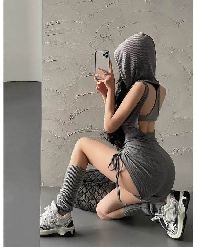 Hooded Drawstring Slim Sleeveless Backless Fitness One-piece Shorts
