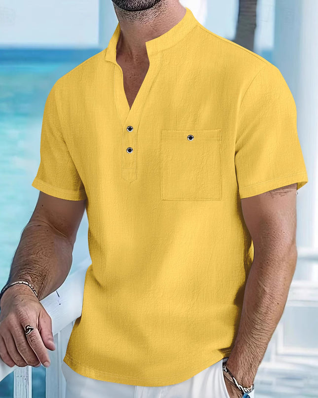 Stand Collar T-shirt Linen Short Sleeve Shirt Men