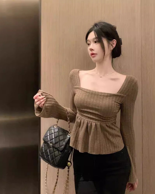 Pure Desire Apricot Hem Square Collar Long Sleeve Top