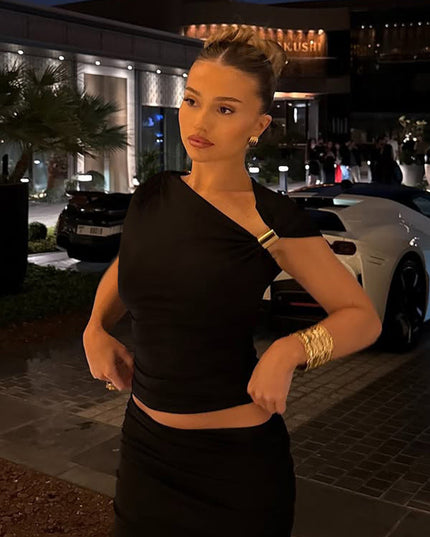 Asymmetric Pleated Crop-top Tight-fitting T-shirt