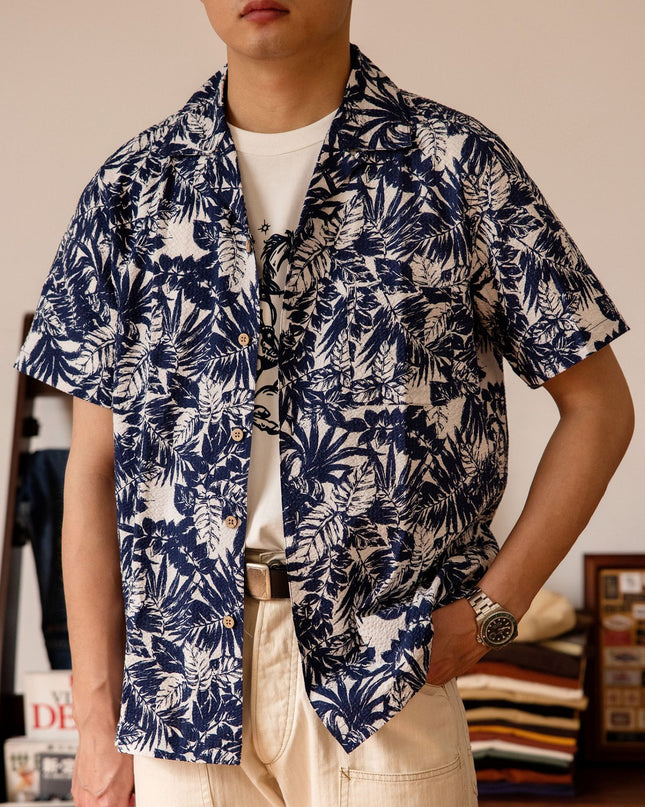 Vintage Printed Seersucker Cuban Collar Shirt