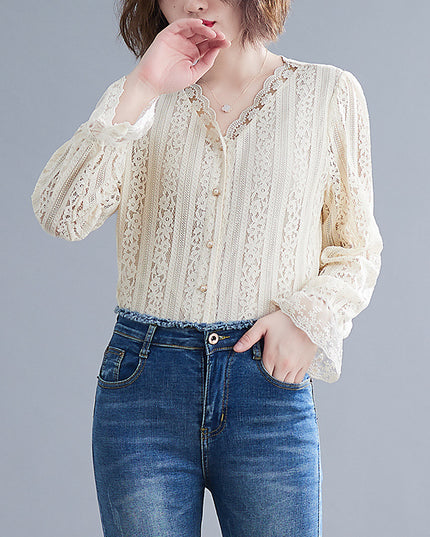 Women's V-neck Loose And Slim Lace Shirt