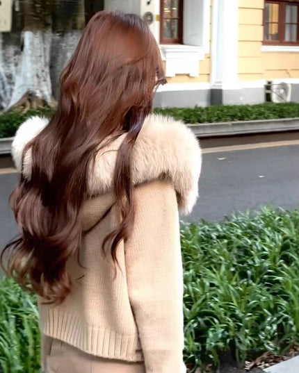 High-grade Women's Top Hooded Knitted Fur Collar Cardigan