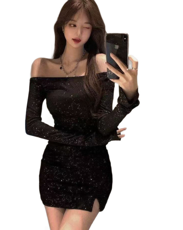 Off-shoulder Dress Women's Slim-fit Sequined Long Sleeve Narrow Short Skirt Sexy