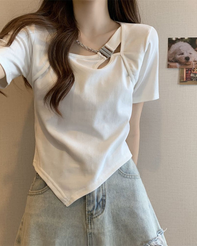 Slim Fit And Thin Cover Belly Hot Girl Irregular Short-sleeved T-shirt For Women