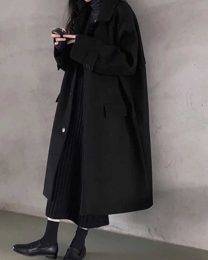 Retro Lapels Single-breasted Loose Mid-length Woolen Coat