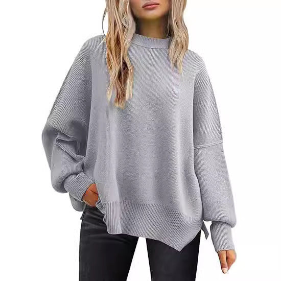 Thick Needle Side Slit Sweater Round Neck Loose Solid Color Batwing Long Sleeve Sweater For Women