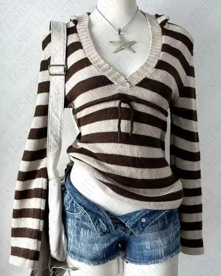 Women's V-neck Stripes Pullover Sweater