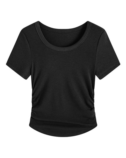 Plus Size Pleating Midriff Outfit High Elastic Bottoming Shirt Short Sleeve T-shirt