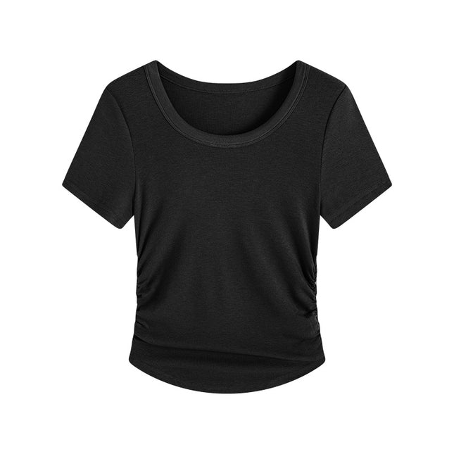 Plus Size Pleating Midriff Outfit High Elastic Bottoming Shirt Short Sleeve T-shirt