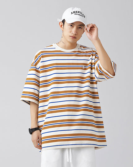 Men's Retro Contrast Color Striped Loose All-match Short Sleeve