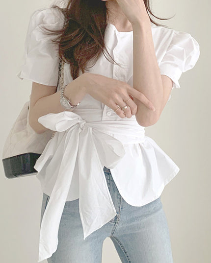 Ladies Temperament Round Neck Single-breasted Tie-waist Top