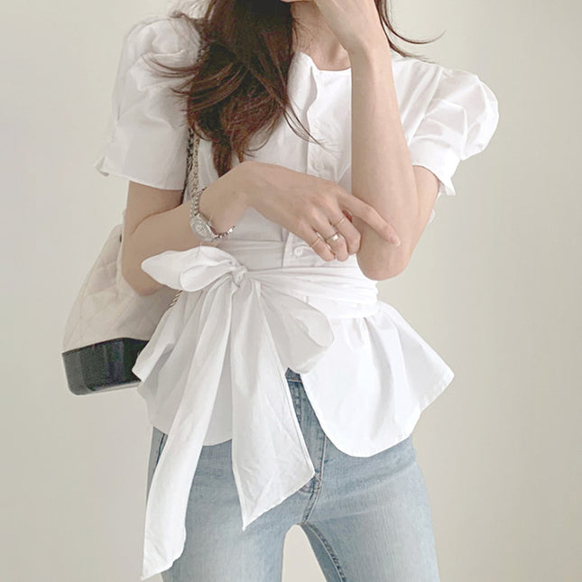 Ladies Temperament Round Neck Single-breasted Tie-waist Top