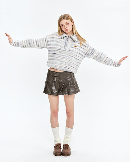 Lapel Short Sweet Half Zip Sweater For Women Striped Minimalist