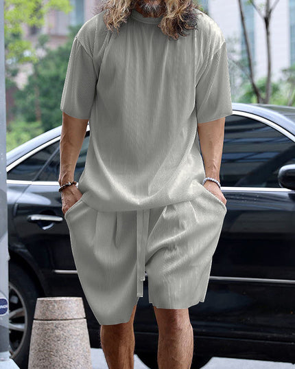 Ice Silk Sunken Stripe Loose Short Sleeve Shorts Men's Casual Suit