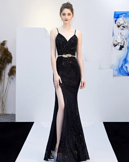 New Banquet Elegant Annual Meeting Long Host Deep V Sexy Fishtail Sequined Dress