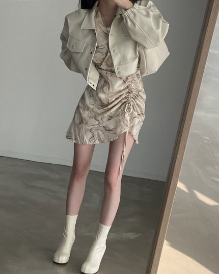 Chic Lapel Double Pocket Leather Top Leather Coat