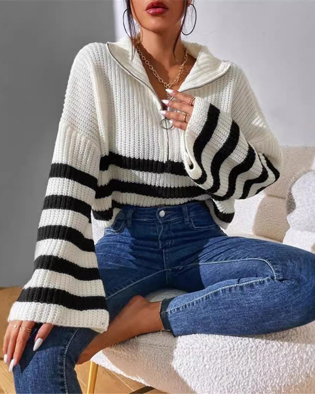 New Striped Contrast Color Stand-up Collar Knitted Pullover Sweater Outerwear Women