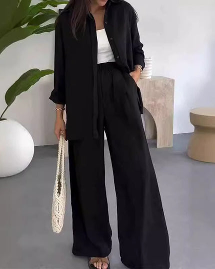 Fashion Solid Color Loose Top Casual Wide Leg Pants Two-piece Set