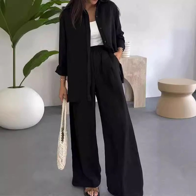 Fashion Solid Color Loose Top Casual Wide Leg Pants Two-piece Set