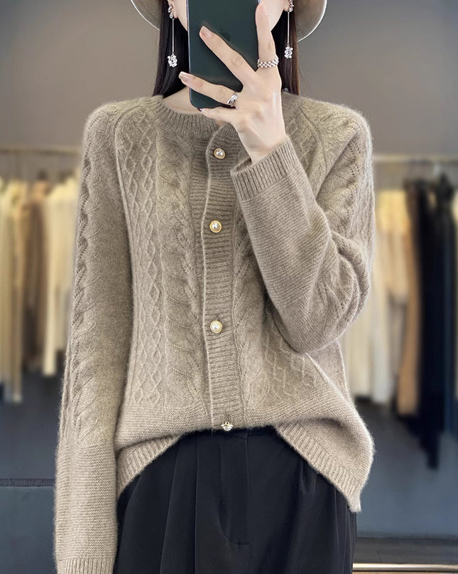Round Neck Pure Wool Knit Cardigan Women's Long Sleeve Casual Simple