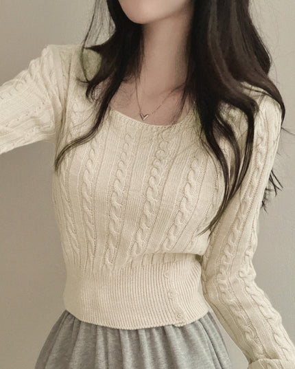 Retro Twist Knitted Sweater Single Row Button Square Collar Solid Color Underwear Top