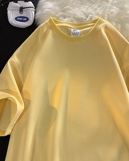 Men's Casual Solid Color Waffle Short Sleeved Shirt