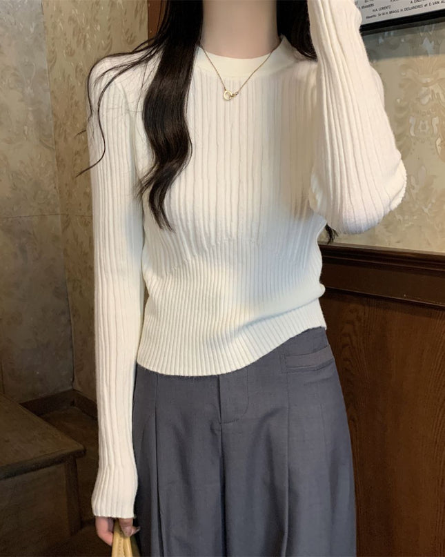 Korean Style Sunken Stripe Round Neck Long Sleeve Sweater
