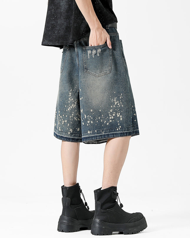Retro Washed Ripped Splash Ink Five Points Denim Men's Shorts
