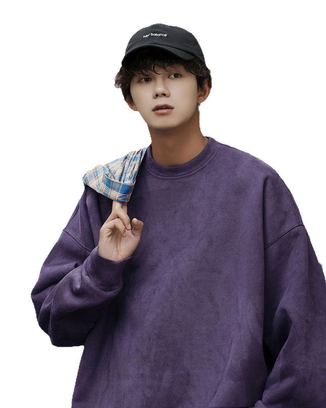 Suede Heavy Round Neck All-matching Sweater Men's Solid Color Loose